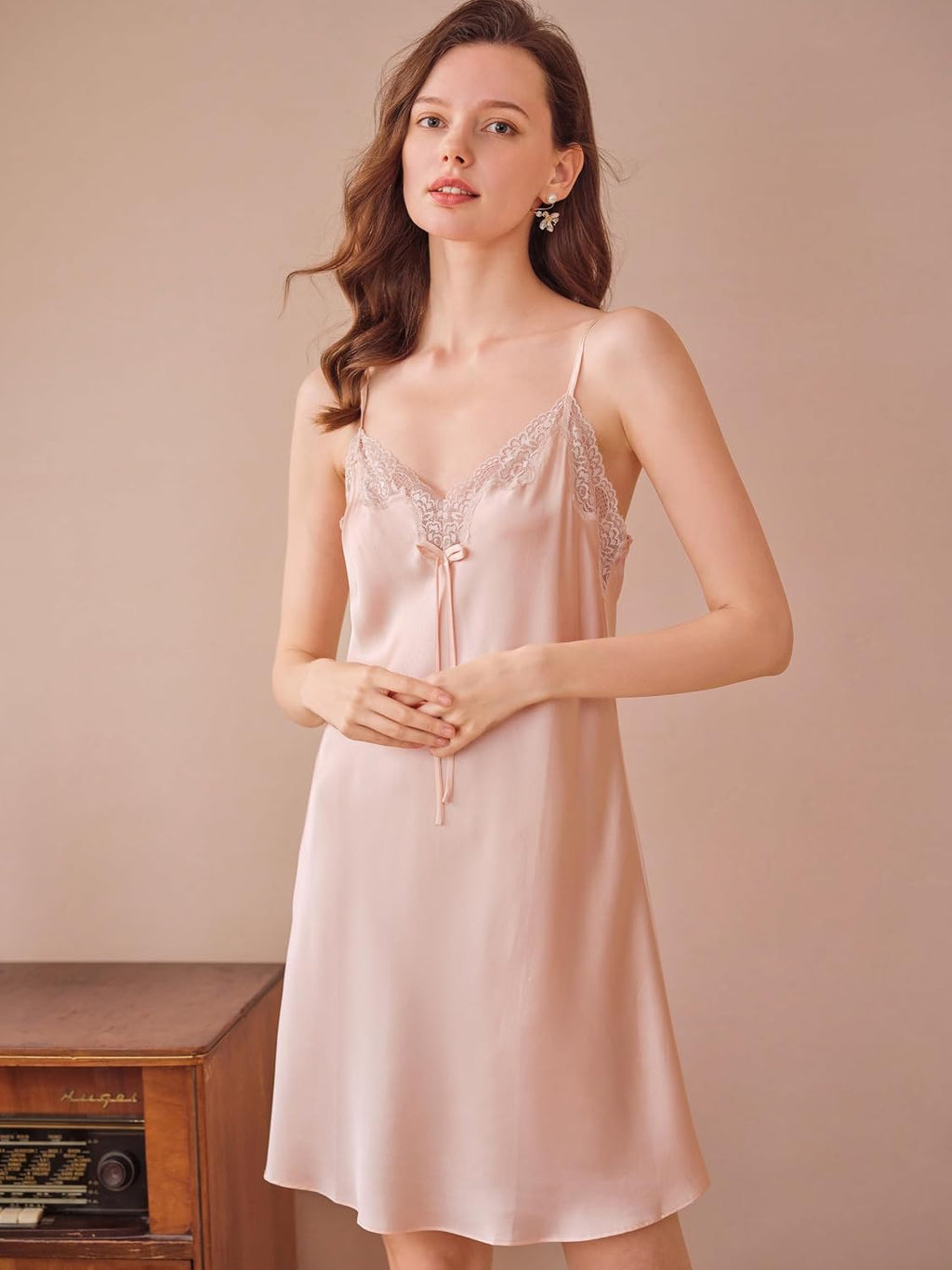 Silk Lace Pajama Set Pale Pink, Silk Slip Chemise Nightgown with Robe, V Neck Lace Sleeve Joint Vanilla Ice Color