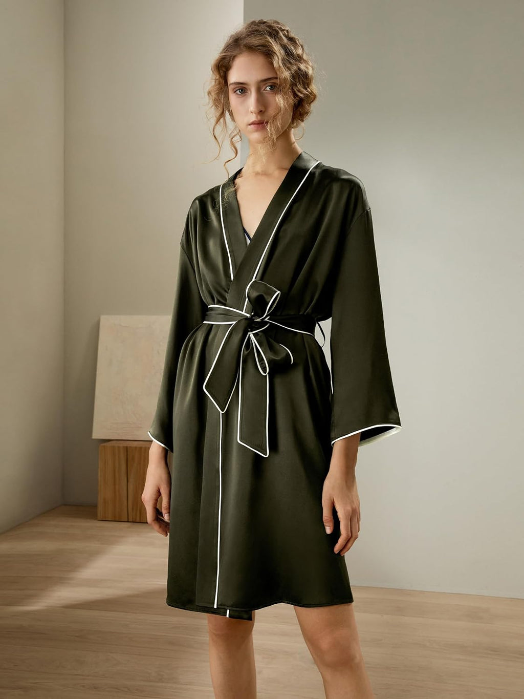 Womens Silk Robe Ladies Long Sleeves Contrast Piping Nightwear with Belt Sleepwear Loungewear Home