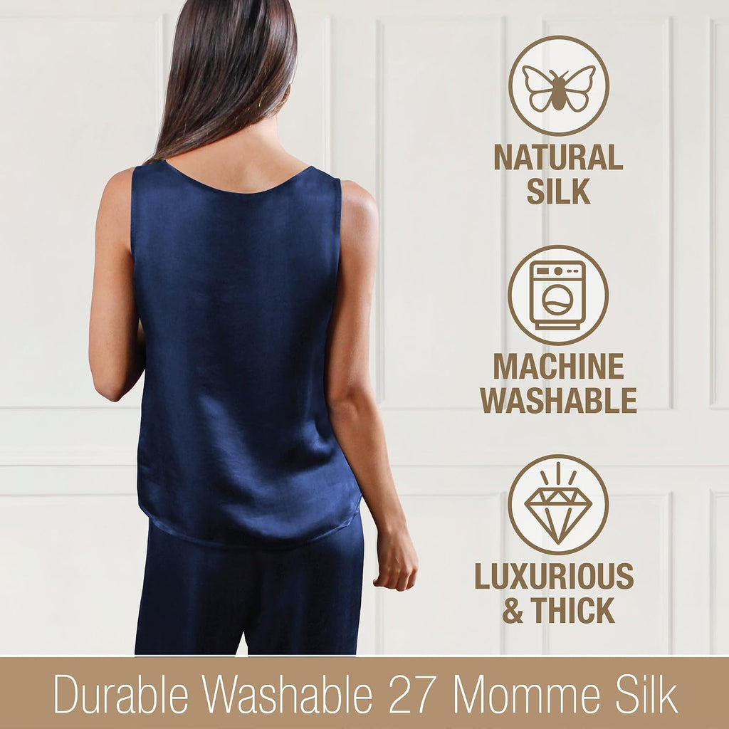 Luxury Artisan Silk Pajamas for Women Tank Pants Set, Pure Mulberry Silk 27Momme