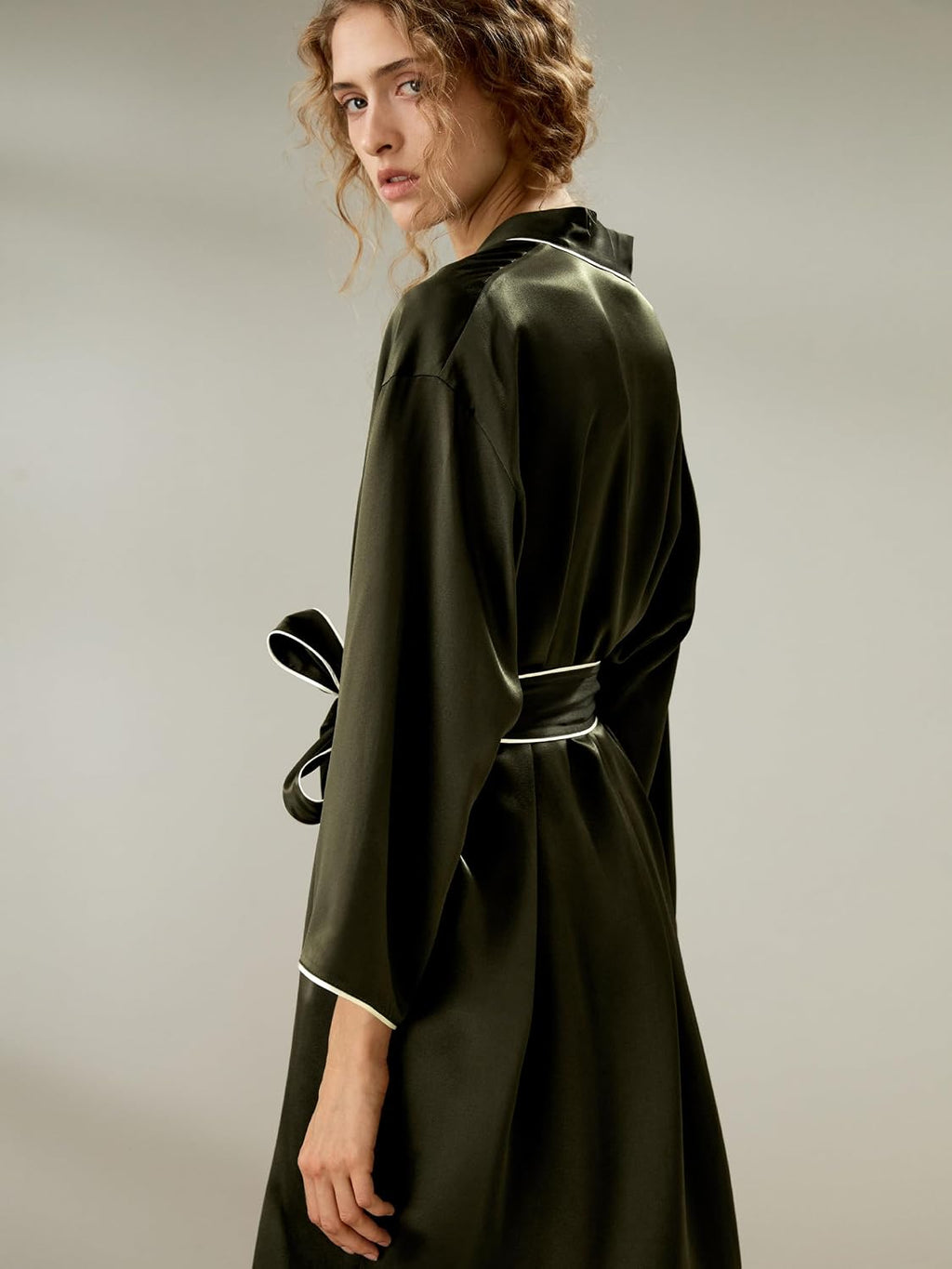 Womens Silk Robe Ladies Long Sleeves Contrast Piping Nightwear with Belt Sleepwear Loungewear Home