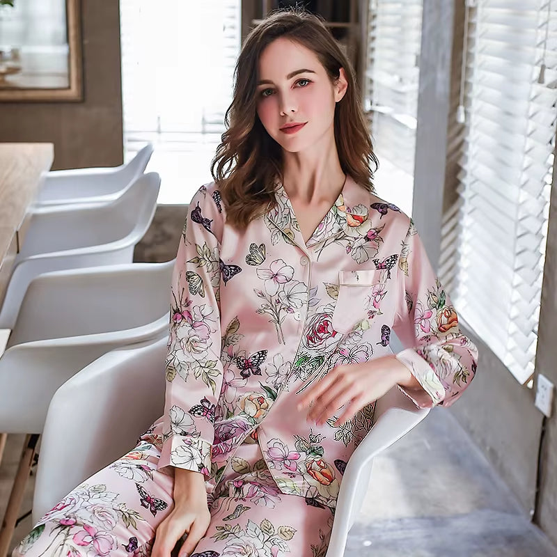 6A 22MM 100% Mulberry Silk Pajamas Women Real Silk Pajama Sets Sleepwear Floral Printed Flower Long Sleeve Pyjamas