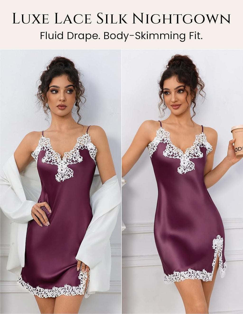 Women'S Sexy Silk Nightgown, 19 Momme Mulberry Silk Sleepwear V-Neck Lace Spaghetti Strap Chemise Short Dress