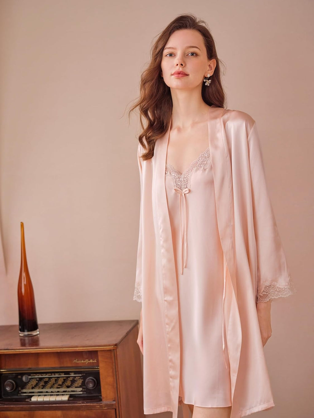 Silk Lace Pajama Set Pale Pink, Silk Slip Chemise Nightgown with Robe, V Neck Lace Sleeve Joint Vanilla Ice Color