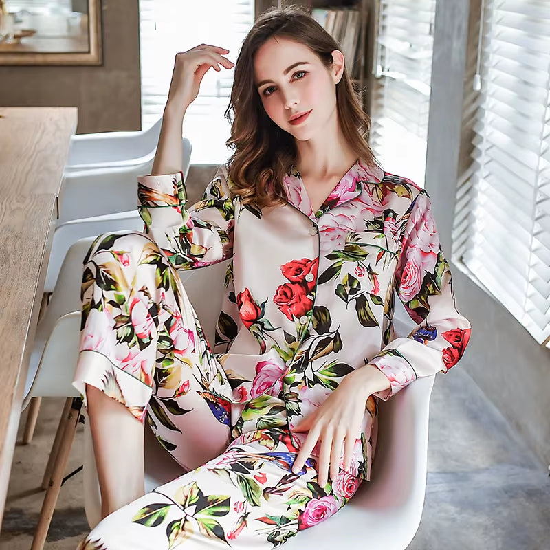 6A 22MM 100% Mulberry Silk Pajamas Women Real Silk Pajama Sets Sleepwear Floral Printed Flower Long Sleeve Pyjamas