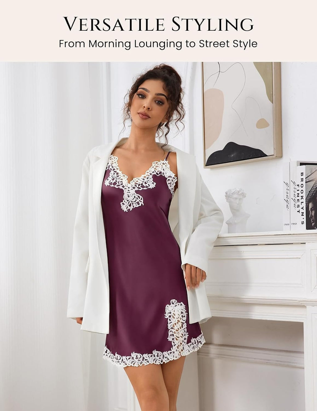 Women'S Sexy Silk Nightgown, 19 Momme Mulberry Silk Sleepwear V-Neck Lace Spaghetti Strap Chemise Short Dress