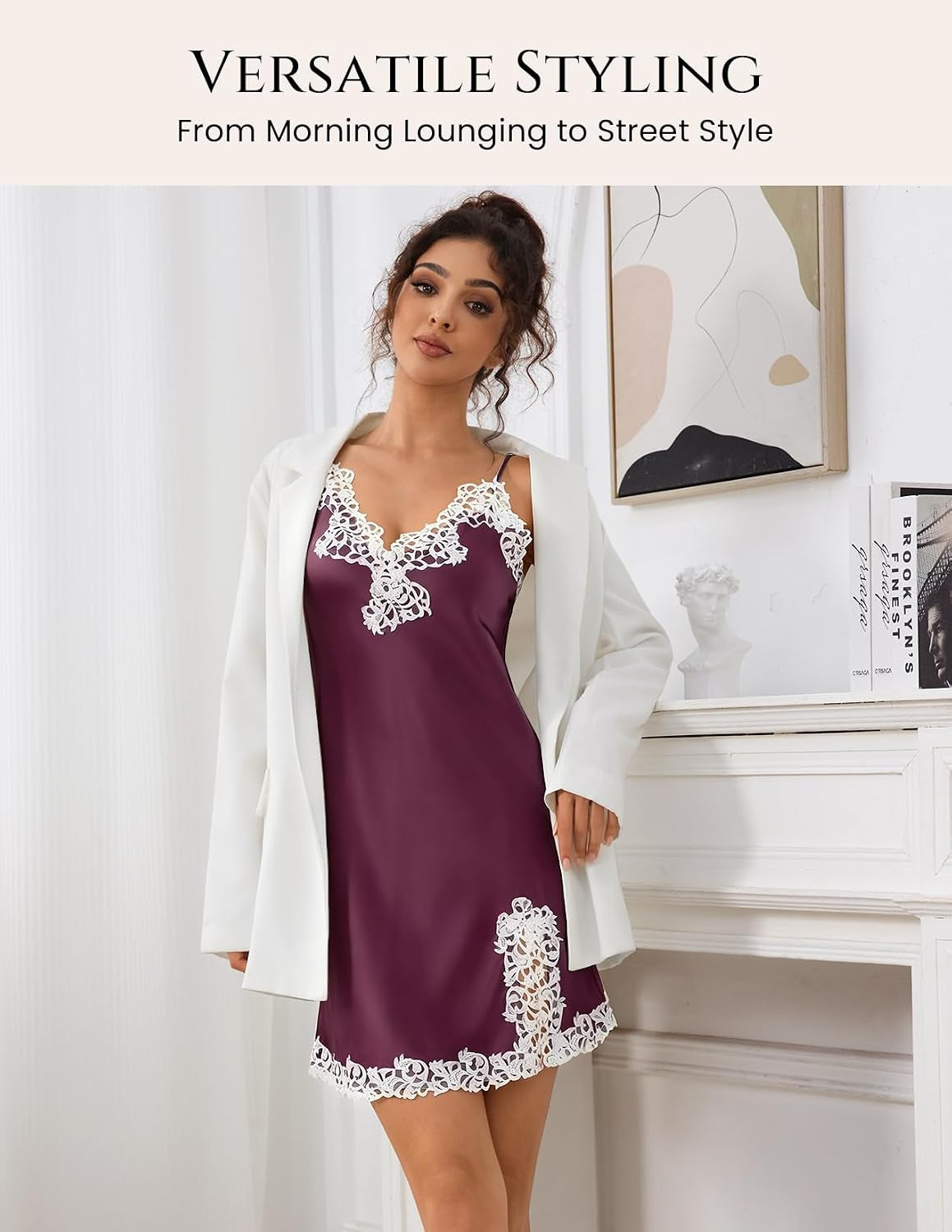 Women'S Sexy Silk Nightgown, 19 Momme Mulberry Silk Sleepwear V-Neck Lace Spaghetti Strap Chemise Short Dress
