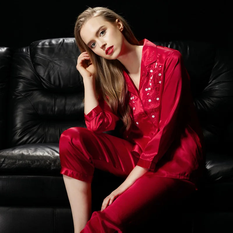 100% Pure Silk Women'S Embroidery Pajama Set Sleepwear Nightgown M L XL YM006