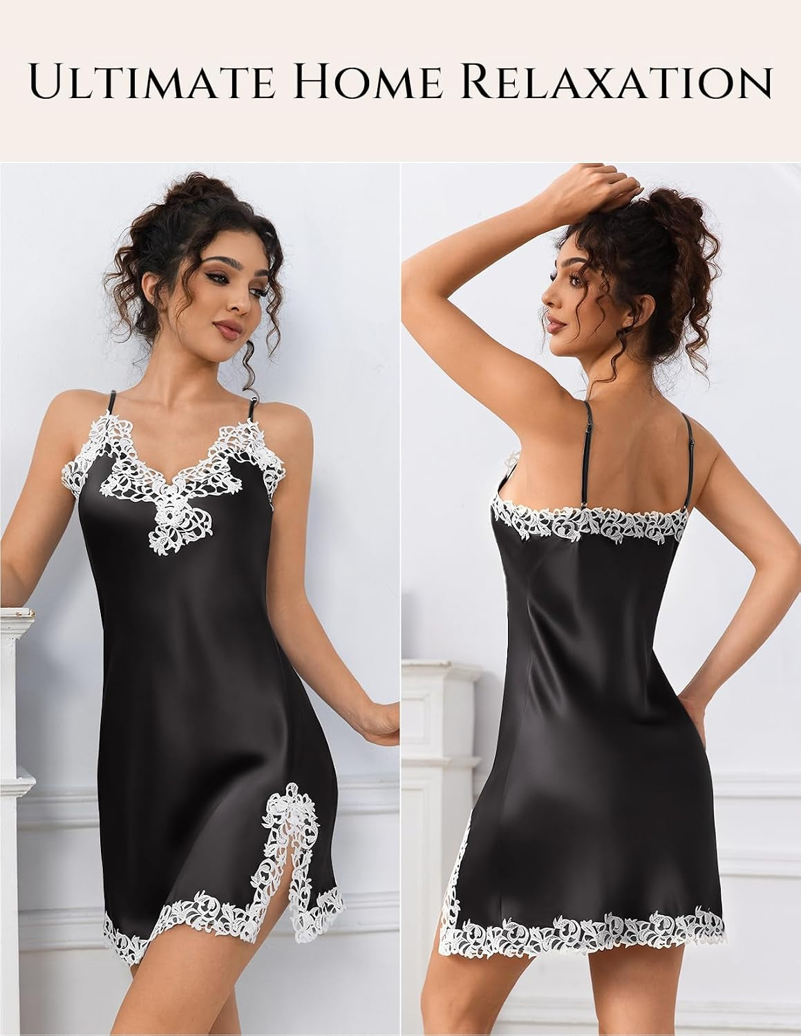 Women'S Sexy Silk Nightgown, 19 Momme Mulberry Silk Sleepwear V-Neck Lace Spaghetti Strap Chemise Short Dress