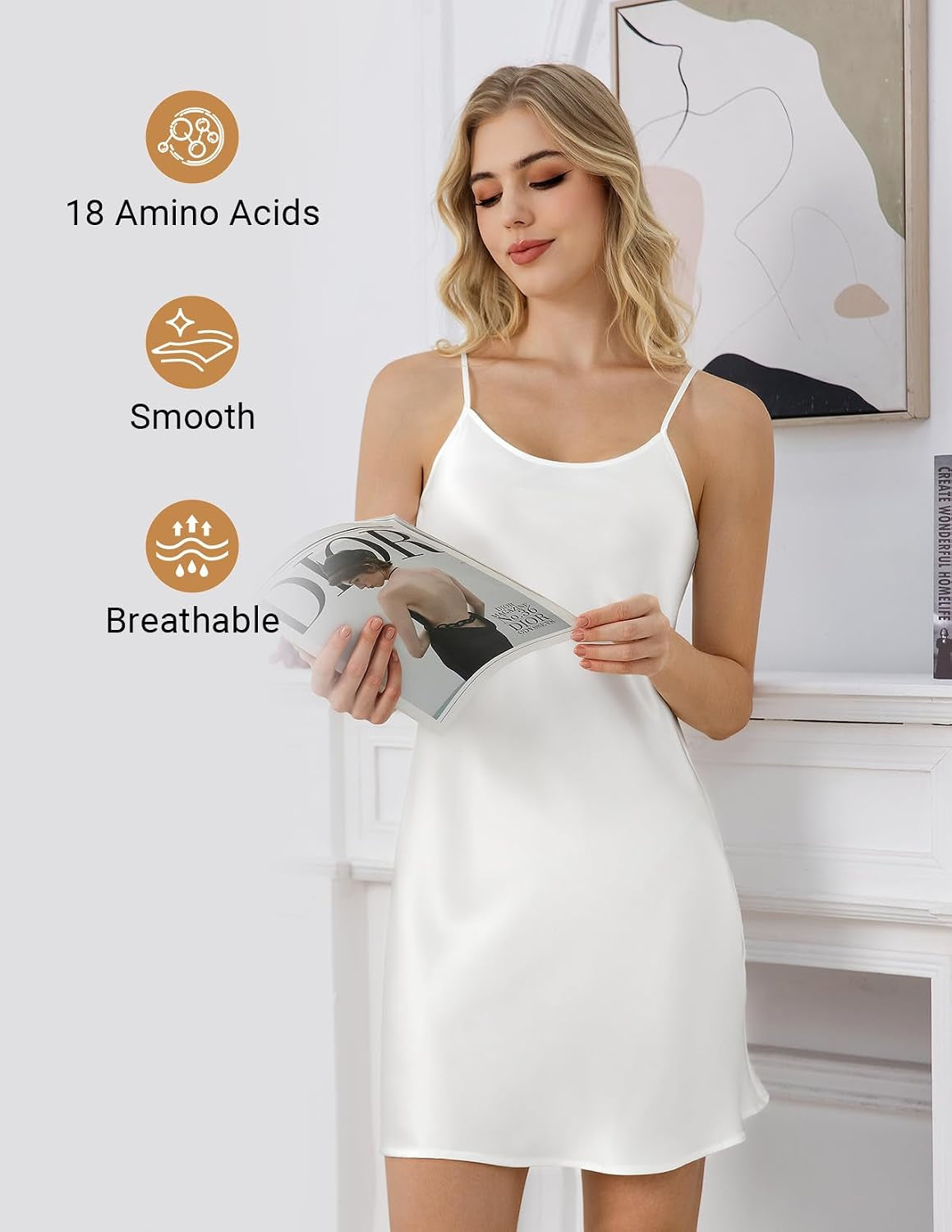 Women'S Silk Nightgown, 100% Real 19 Momme Mulberry Silk Sleepwear round Neck Spaghetti Strap Chemise Nightdress