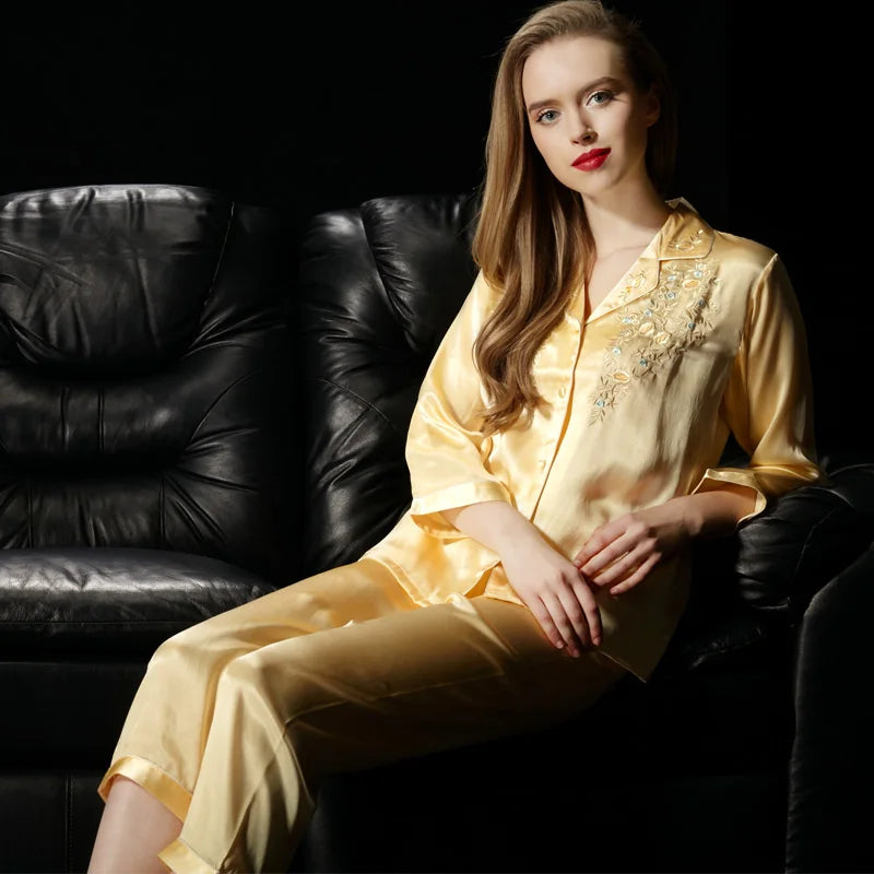 100% Pure Silk Women'S Embroidery Pajama Set Sleepwear Nightgown M L XL YM006