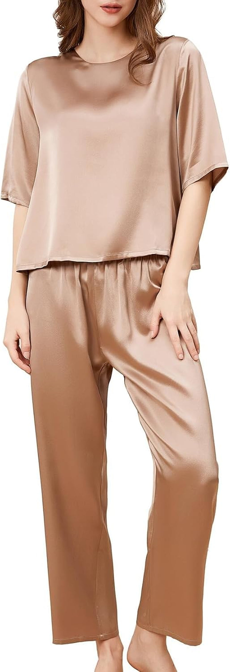 6A Pure Mulberry Silk Pajamas for Women 2 Piece Short Sleeve PJS round Neck Silk Sleepwear