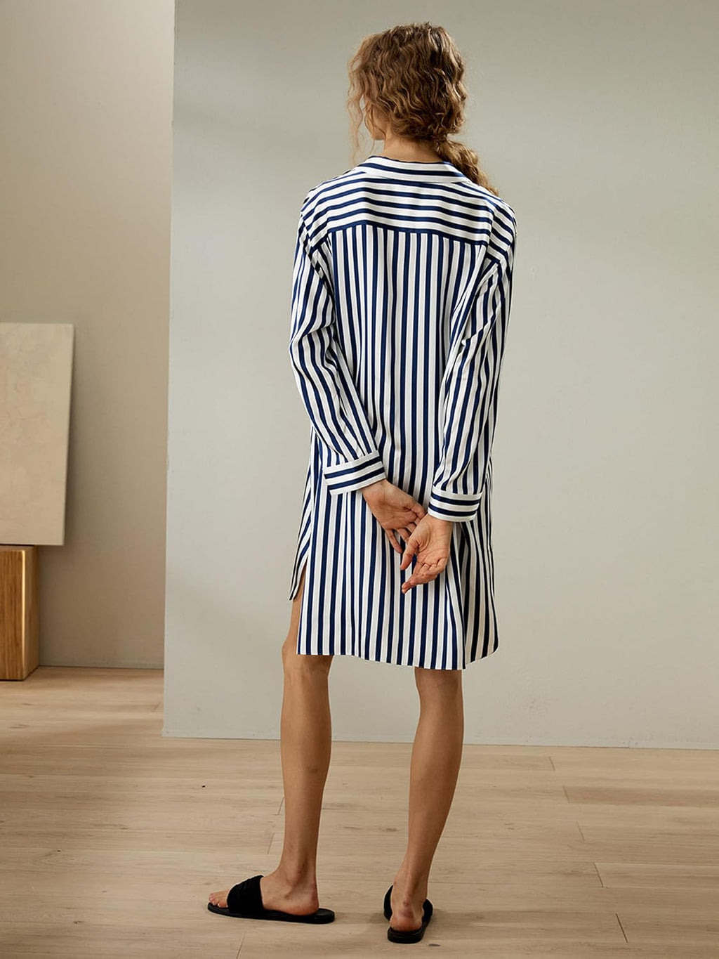 Silk Nightshirt for Women 3/4 Sleeve Shawl Silk Pinstripes Sleepshirt Button-Up Side Pocket Sleepwear