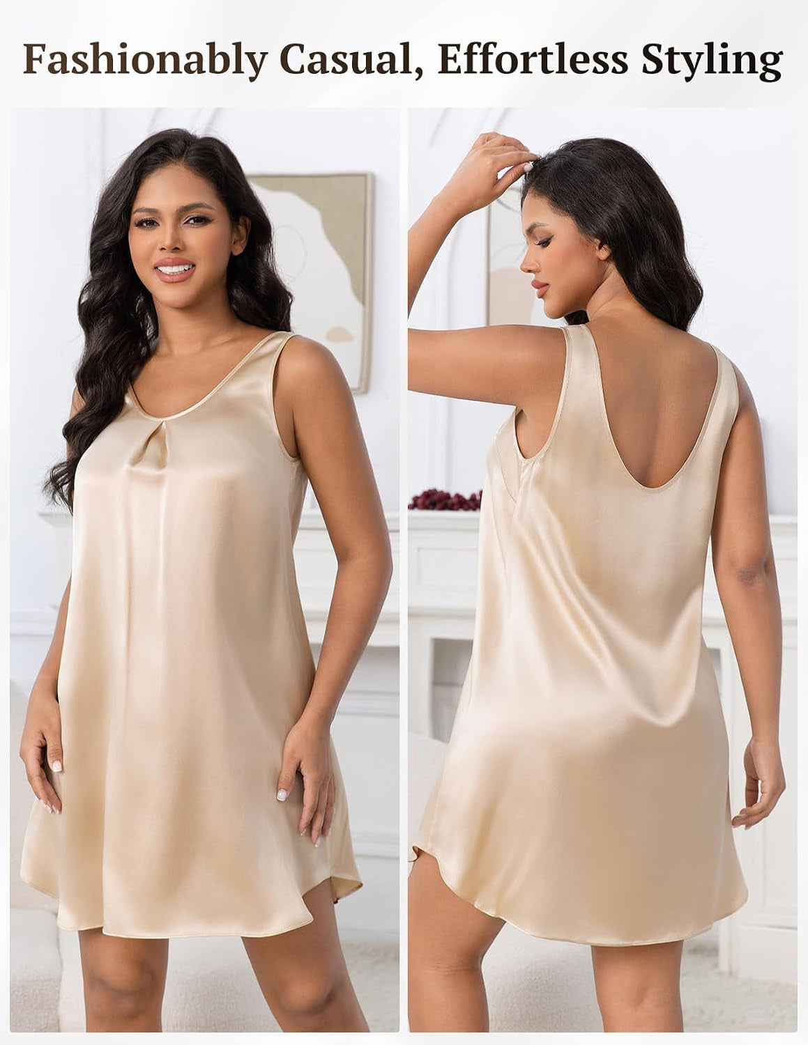 100% 22 Momme Mulberry Silk Women'S Sleeveless V Neck Nightgown Soft Comfy Sleepwear
