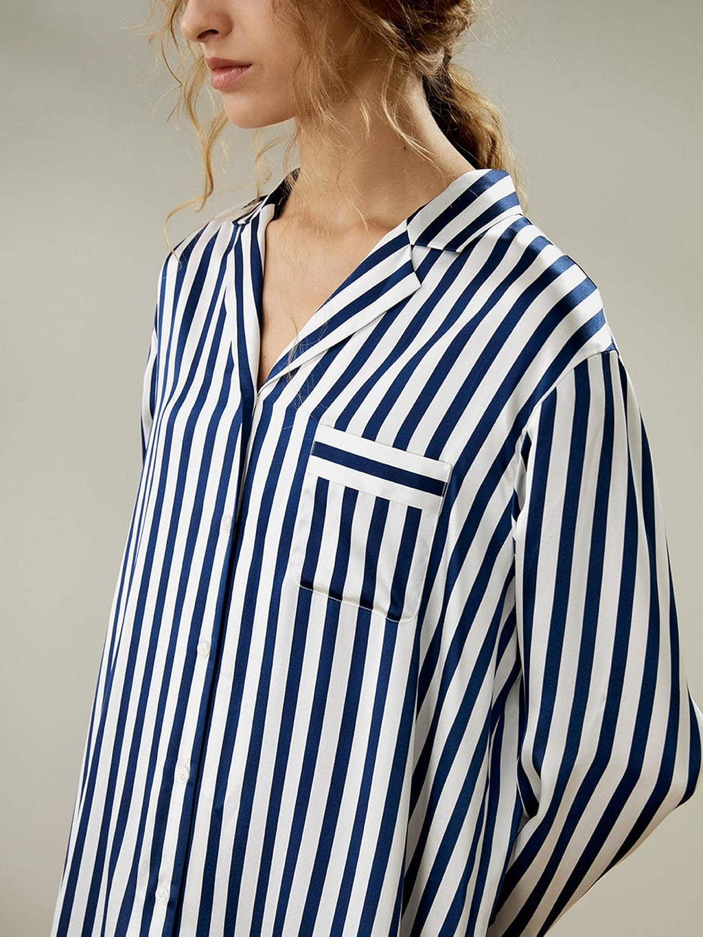 Silk Nightshirt for Women 3/4 Sleeve Shawl Silk Pinstripes Sleepshirt Button-Up Side Pocket Sleepwear