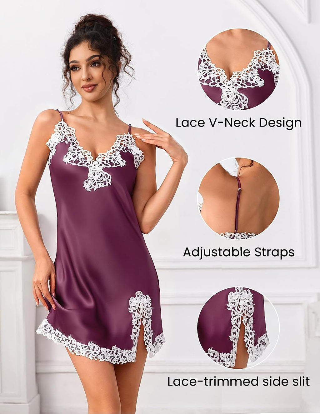 Women'S Sexy Silk Nightgown, 19 Momme Mulberry Silk Sleepwear V-Neck Lace Spaghetti Strap Chemise Short Dress