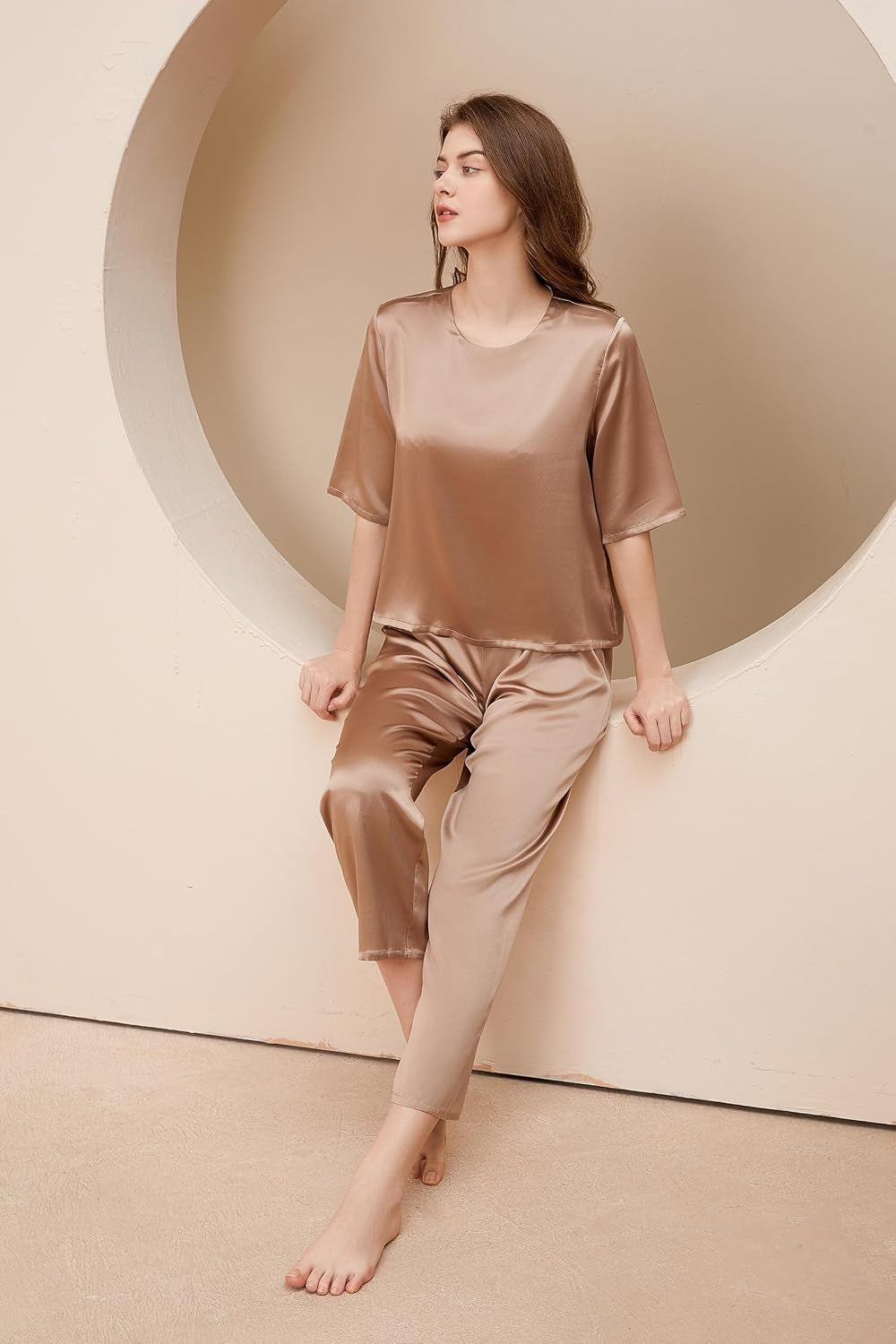 6A Pure Mulberry Silk Pajamas for Women 2 Piece Short Sleeve PJS round Neck Silk Sleepwear