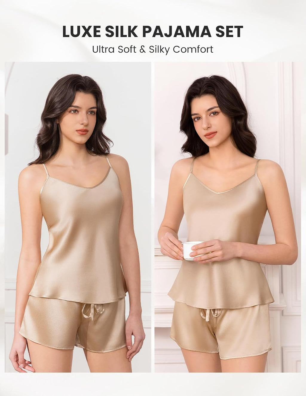 Silk Women'S Pajama 2 Piece Set 6A+ Grade 100% Mulberry Silk Nightgown Soft Luxury V Neck Cami Shorts Sets Sleepwear