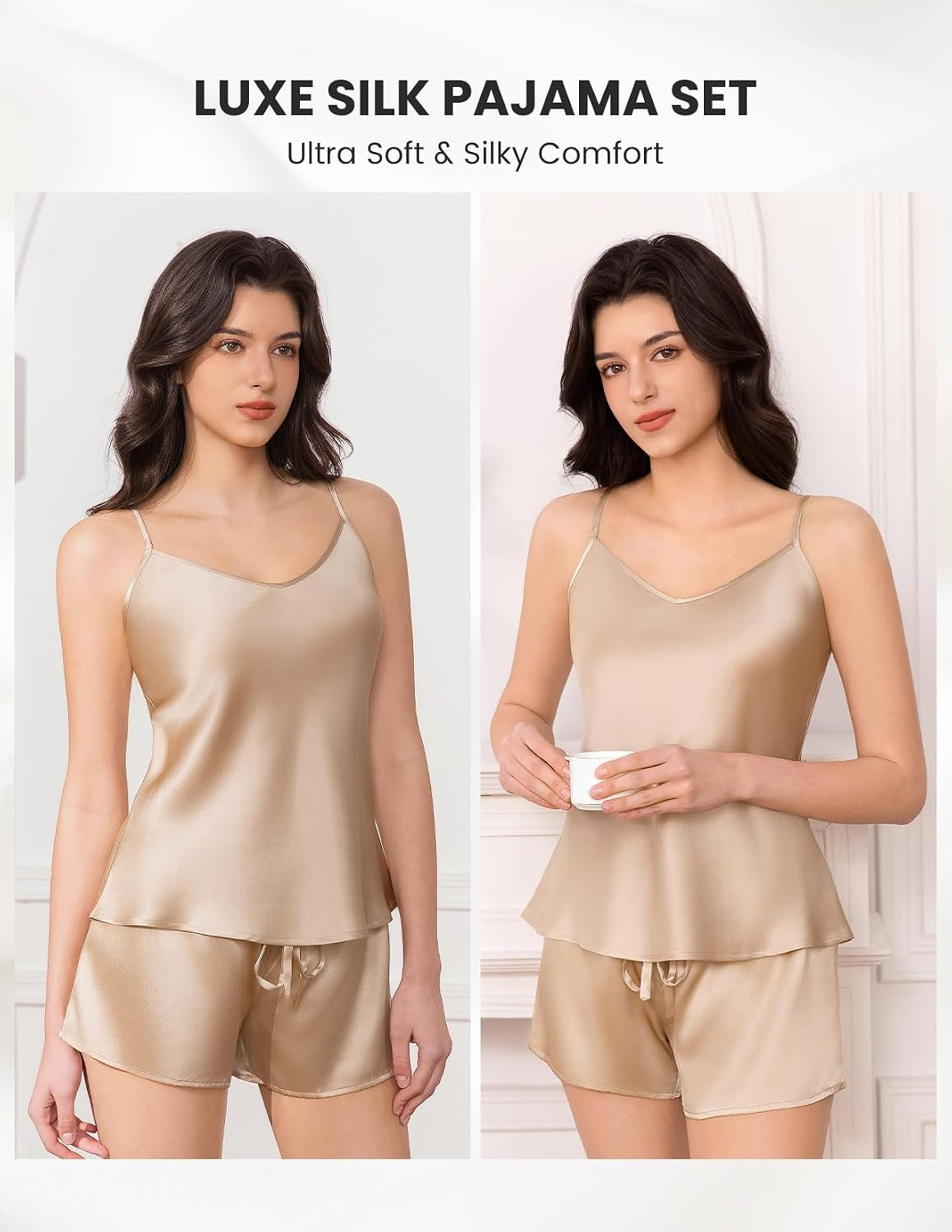 Silk Women'S Pajama 2 Piece Set 6A+ Grade 100% Mulberry Silk Nightgown Soft Luxury V Neck Cami Shorts Sets Sleepwear