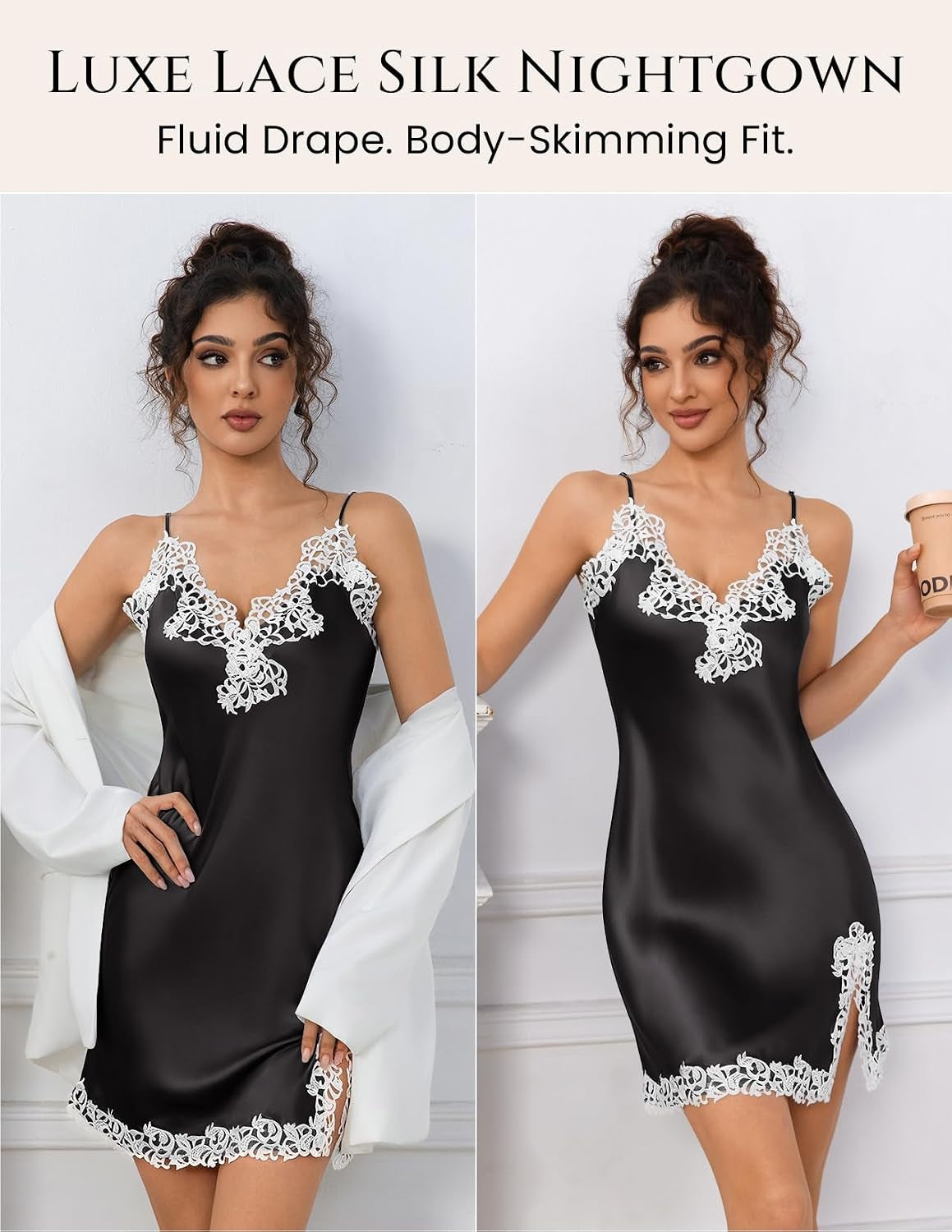 Women'S Sexy Silk Nightgown, 19 Momme Mulberry Silk Sleepwear V-Neck Lace Spaghetti Strap Chemise Short Dress