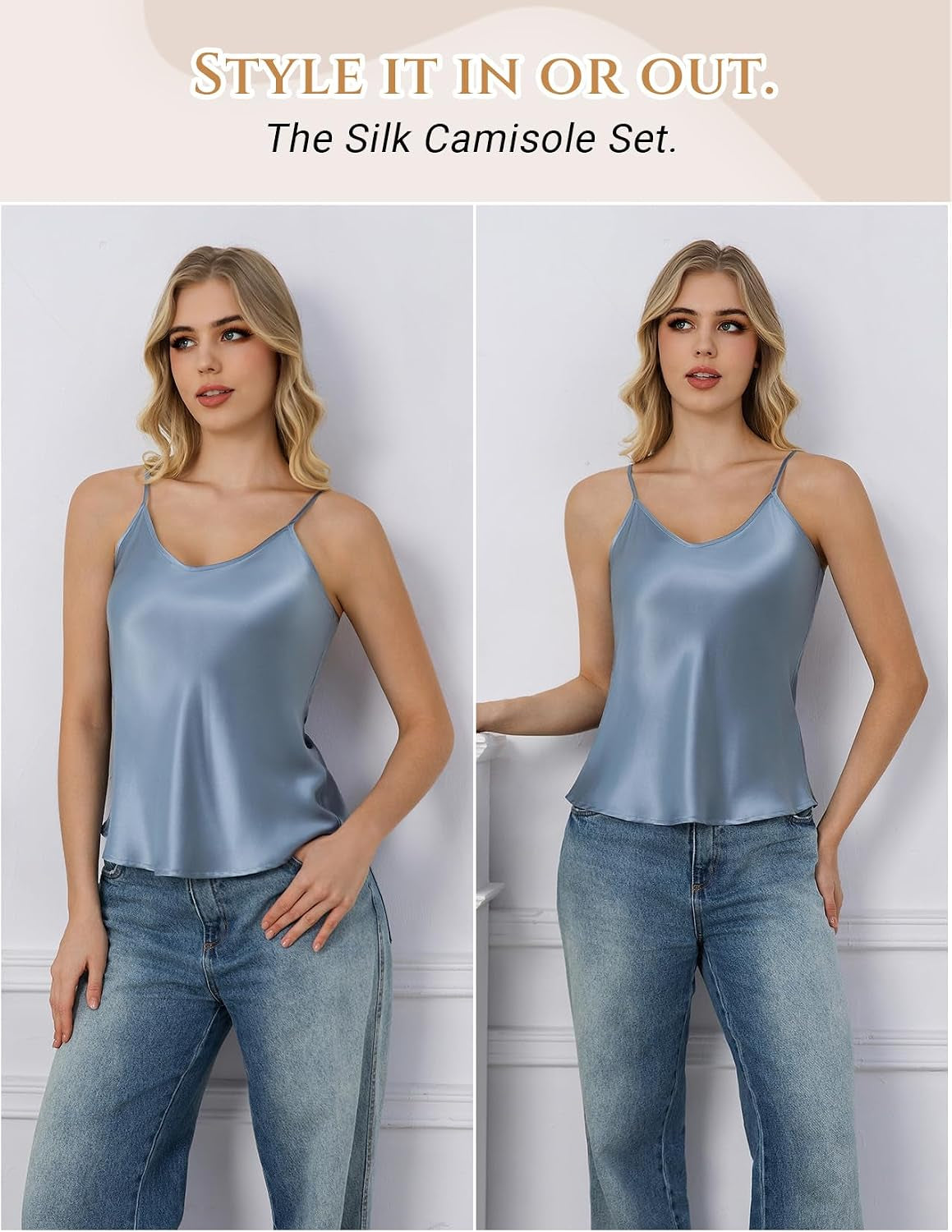 Mulberry Silk Women'S Pajamas Set, V Neckline Pj Set Ladies Pajamas Sets Loungewear Set, Two-Piece Cami Shorts