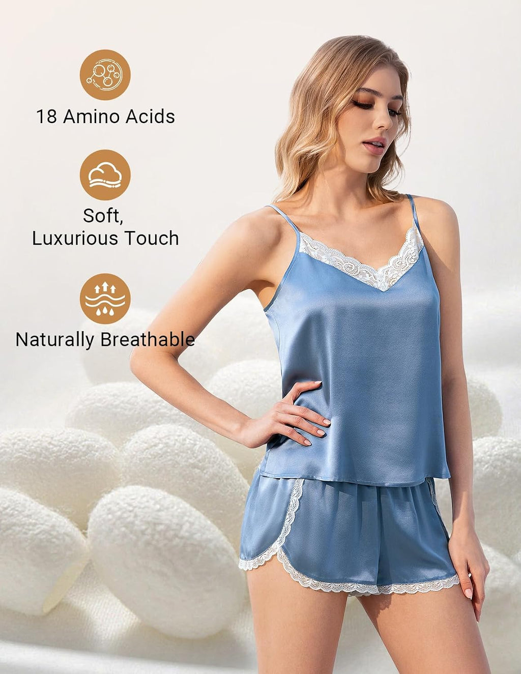100% Mulberry Silk Pajama Set for Women 2 Piece Lace Cami Pj Shorts Set Lingerie Sleepwear