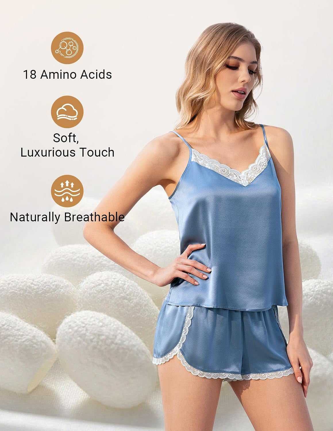 100% Mulberry Silk Pajama Set for Women 2 Piece Lace Cami Pj Shorts Set Lingerie Sleepwear
