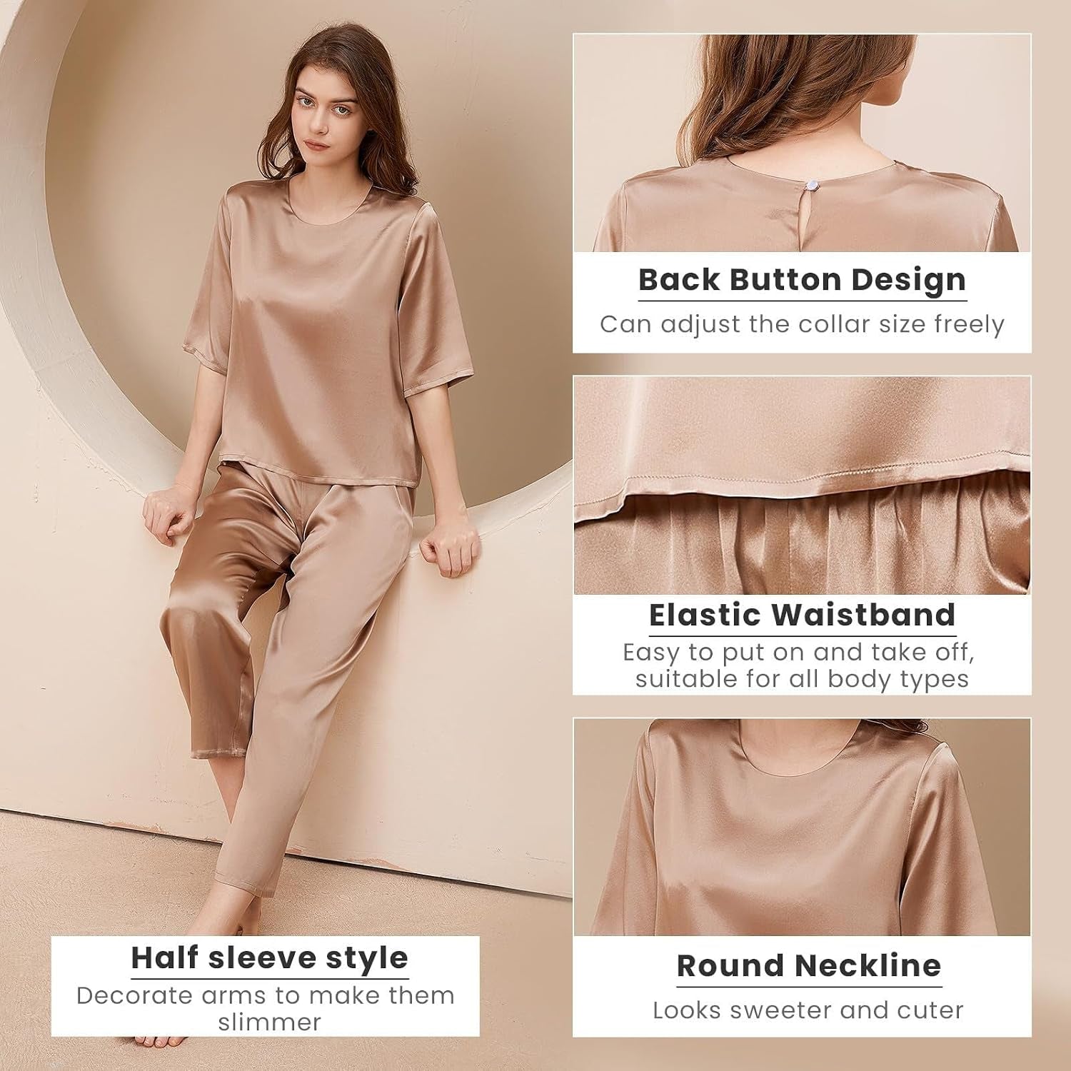 6A Pure Mulberry Silk Pajamas for Women 2 Piece Short Sleeve PJS round Neck Silk Sleepwear