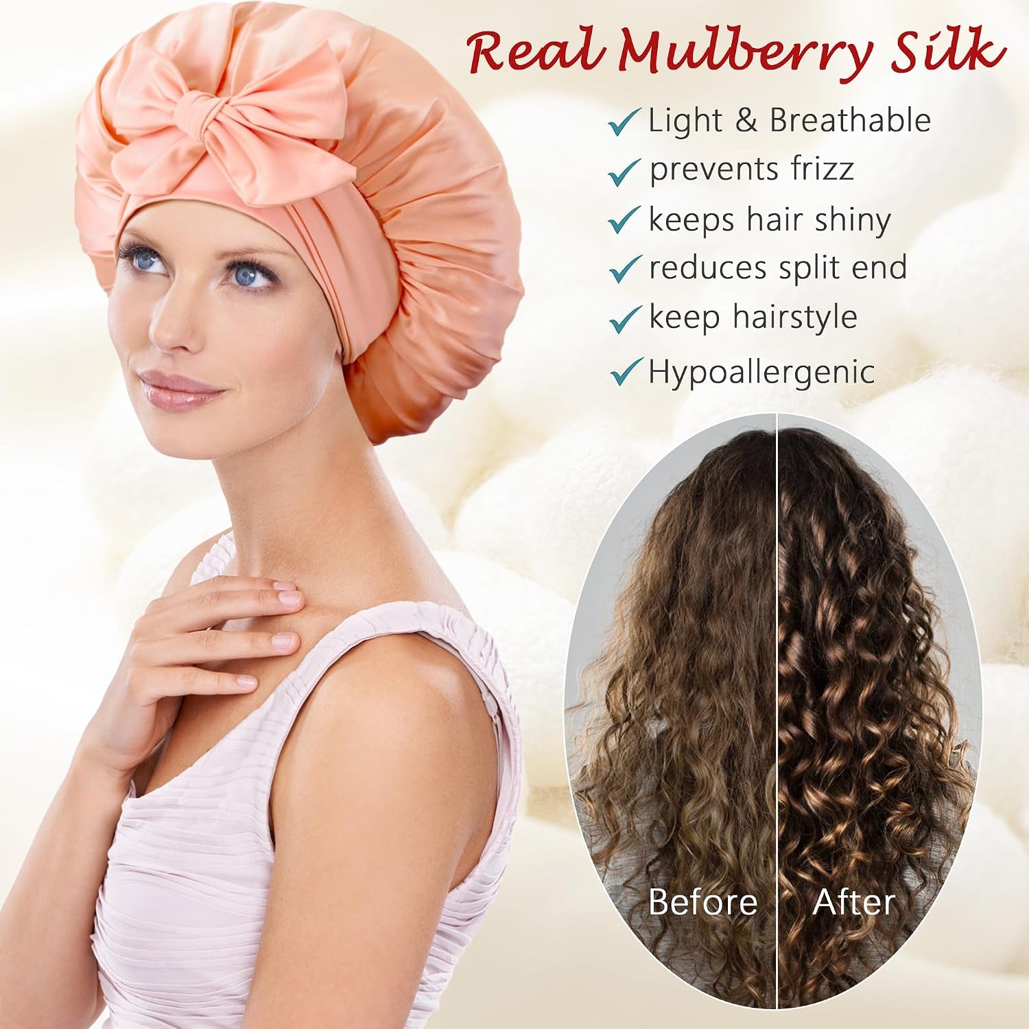100% Mulberry Silk Bonnet for Sleeping Women,Pure Real Silk Bonnet