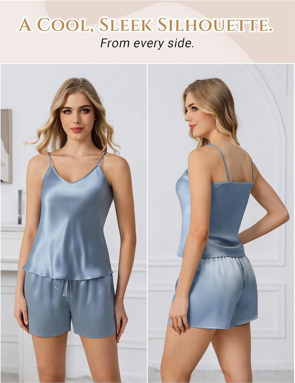 Mulberry Silk Women'S Pajamas Set, V Neckline Pj Set Ladies Pajamas Sets Loungewear Set, Two-Piece Cami Shorts