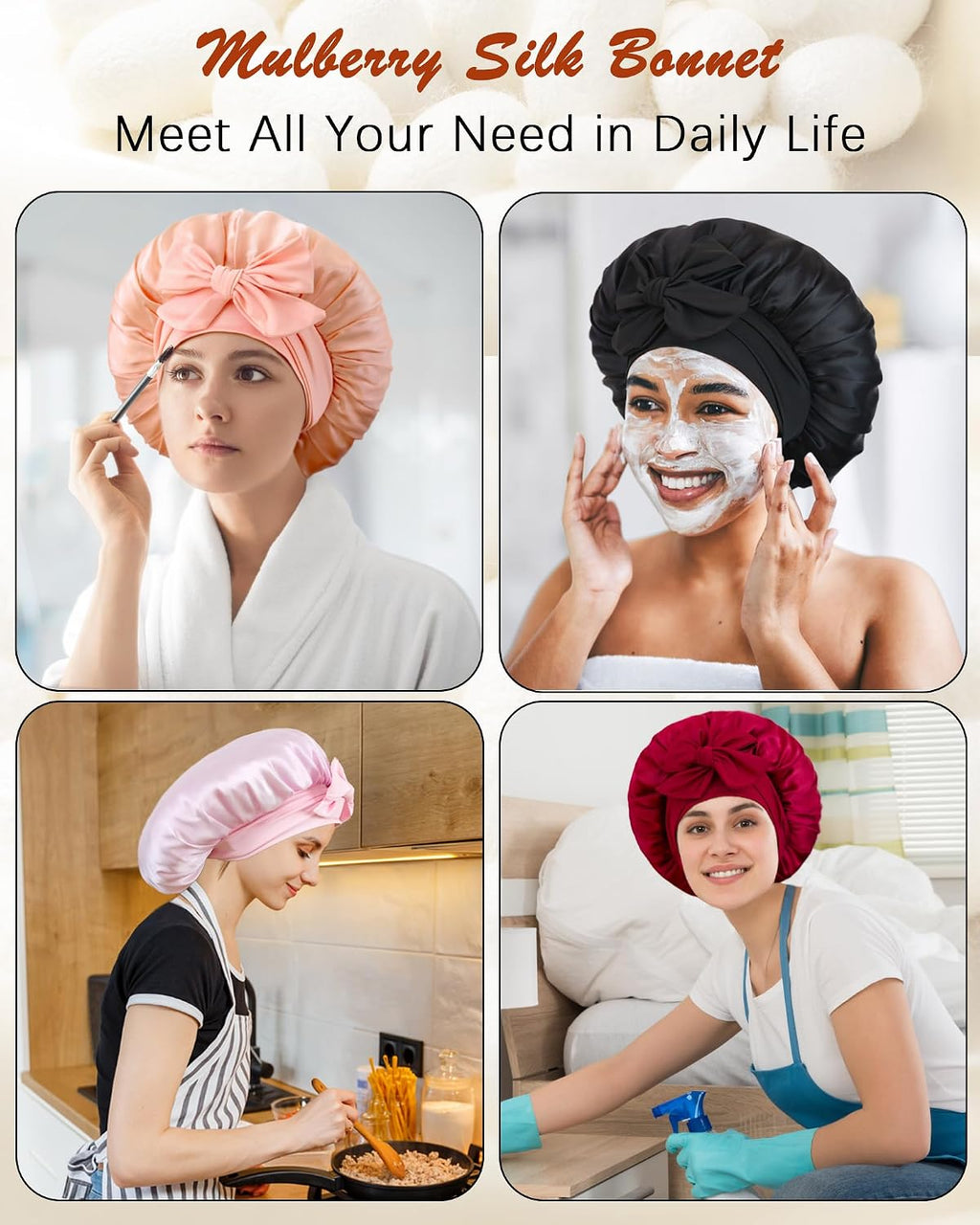 100% Mulberry Silk Bonnet for Sleeping Women,Pure Real Silk Bonnet