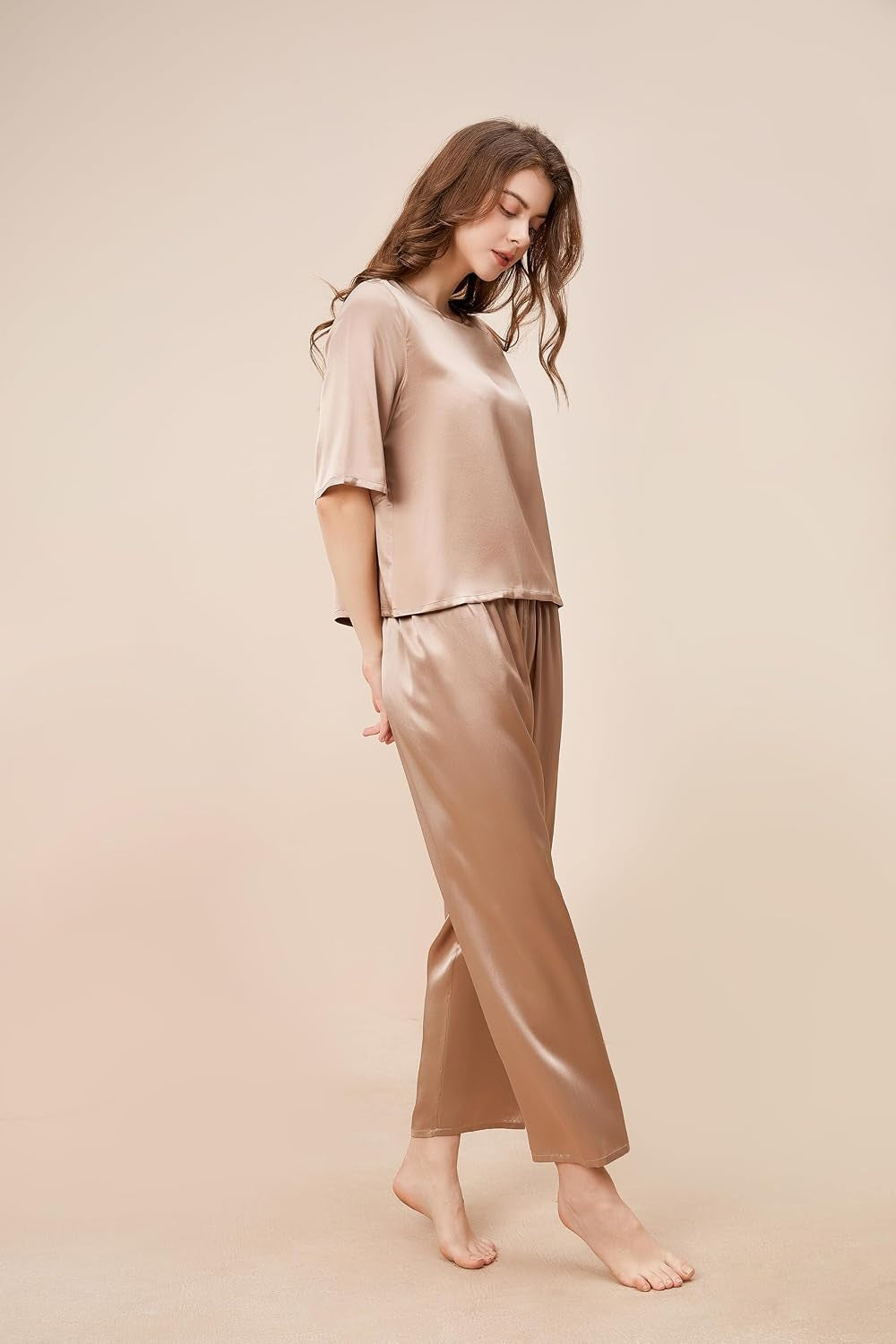 6A Pure Mulberry Silk Pajamas for Women 2 Piece Short Sleeve PJS round Neck Silk Sleepwear