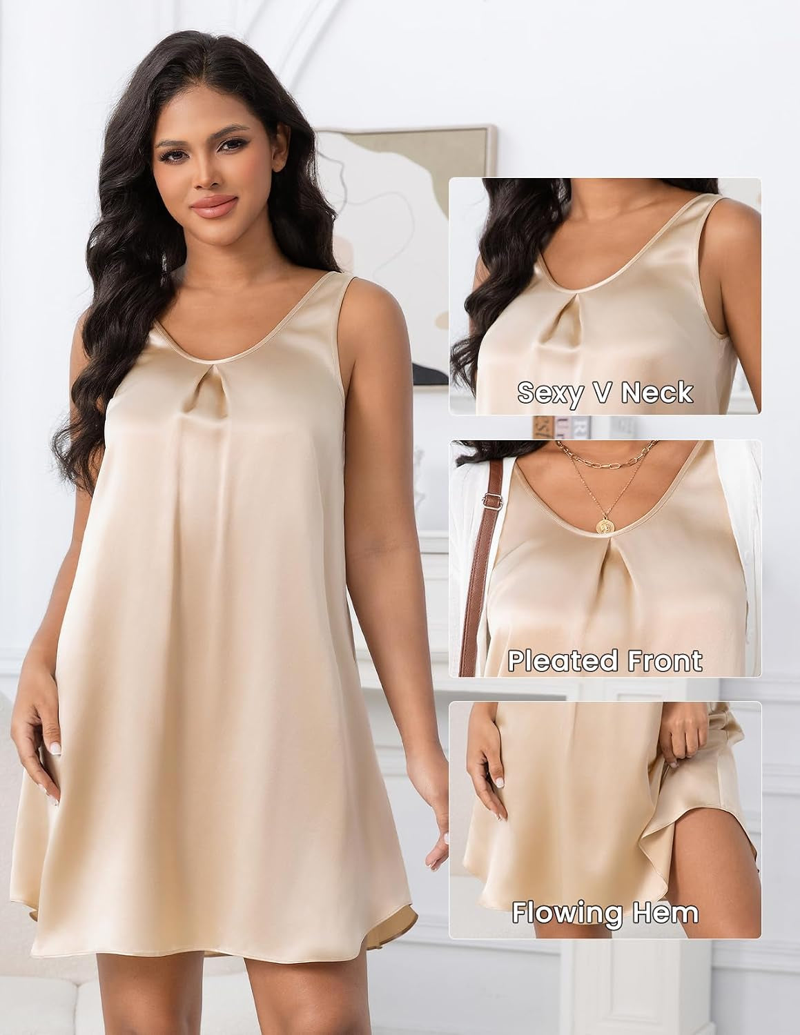 100% 22 Momme Mulberry Silk Women'S Sleeveless V Neck Nightgown Soft Comfy Sleepwear
