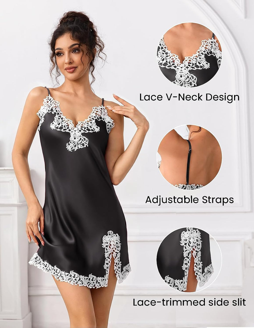 Women'S Sexy Silk Nightgown, 19 Momme Mulberry Silk Sleepwear V-Neck Lace Spaghetti Strap Chemise Short Dress