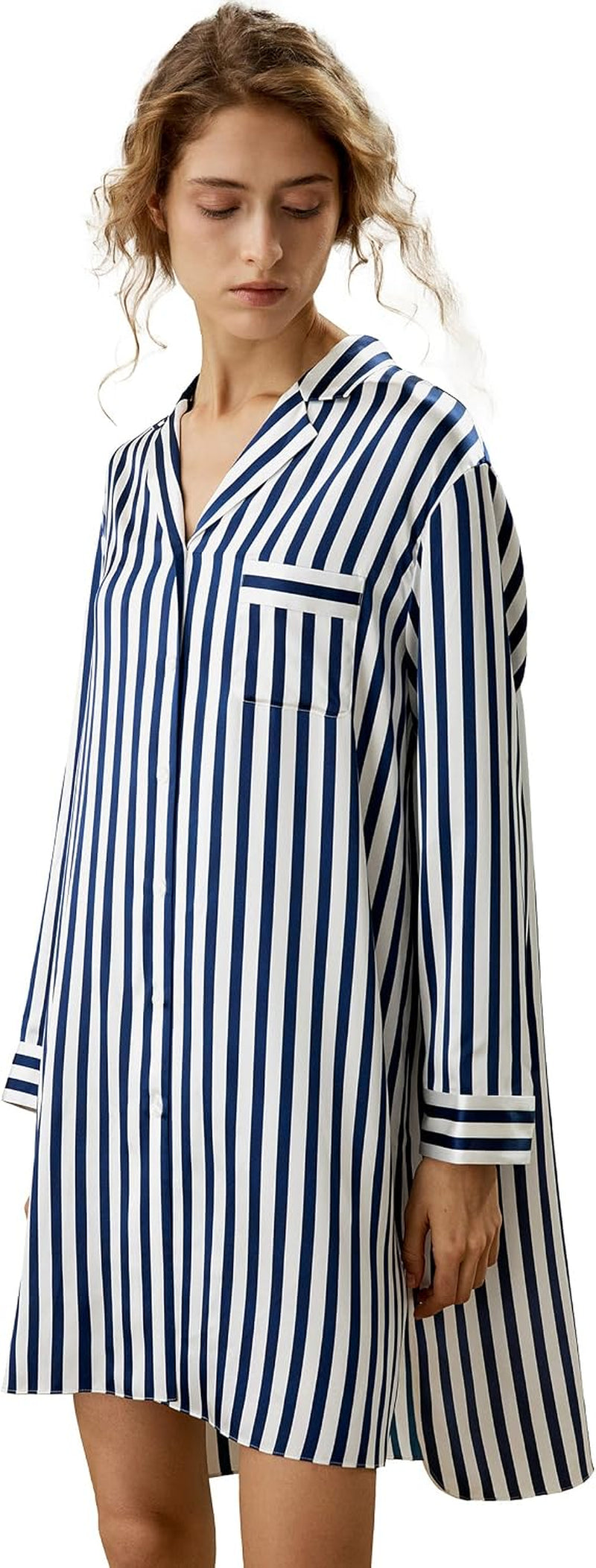 Silk Nightshirt for Women 3/4 Sleeve Shawl Silk Pinstripes Sleepshirt Button-Up Side Pocket Sleepwear