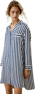 Silk Nightshirt for Women 3/4 Sleeve Shawl Silk Pinstripes Sleepshirt Button-Up Side Pocket Sleepwear