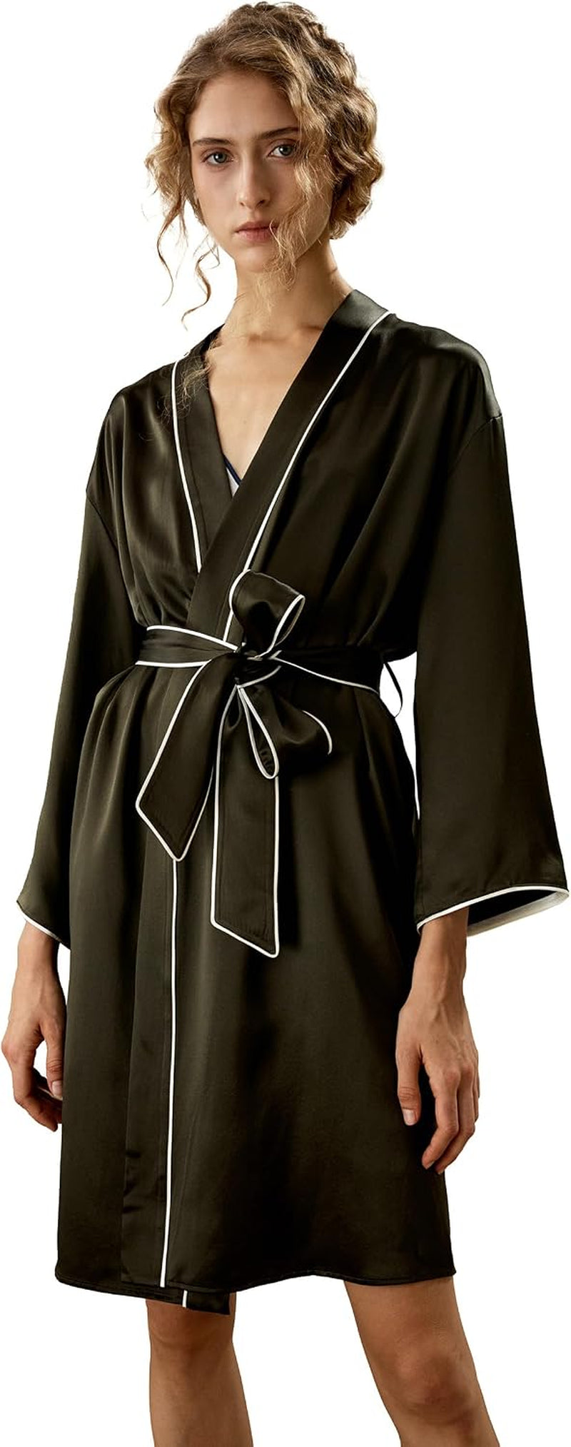 Womens Silk Robe Ladies Long Sleeves Contrast Piping Nightwear with Belt Sleepwear Loungewear Home
