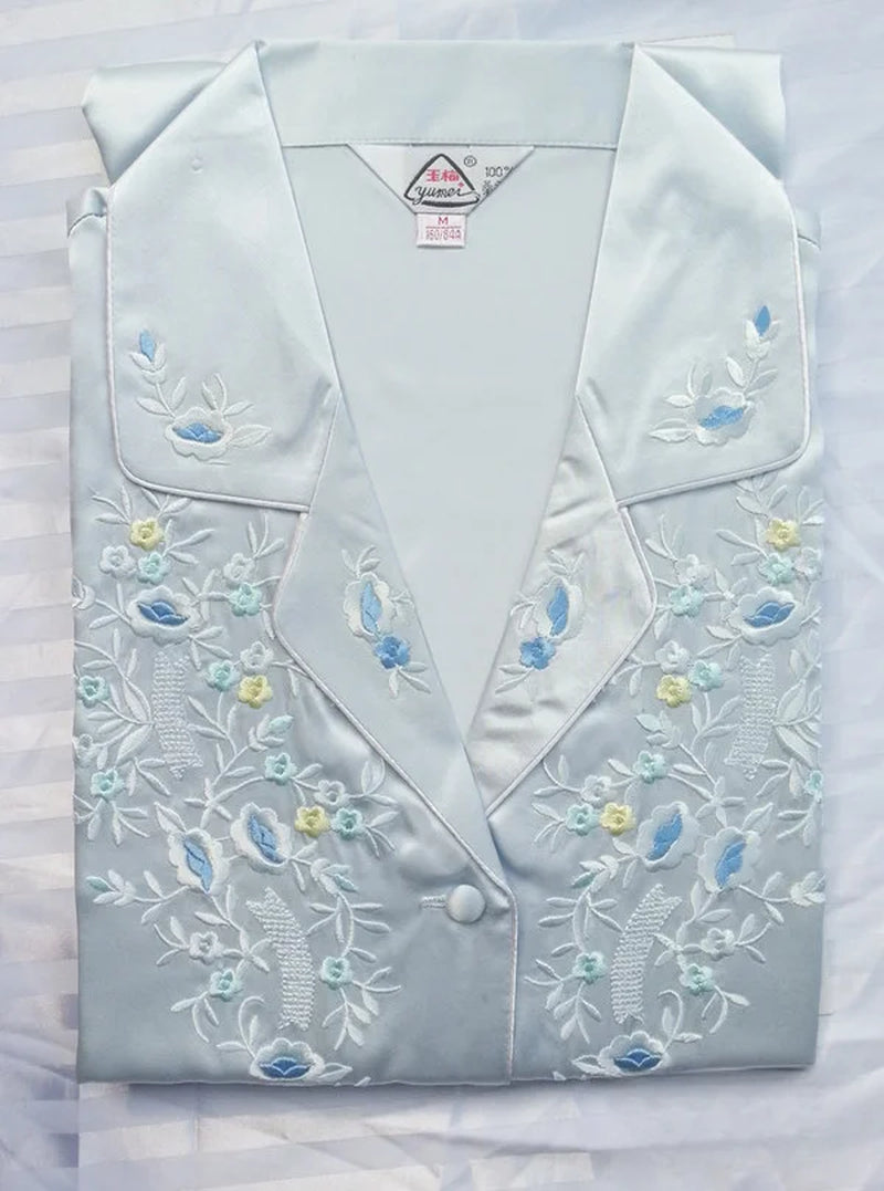 100% Pure Silk Women'S Embroidery Pajama Set Sleepwear Nightgown M L XL YM006