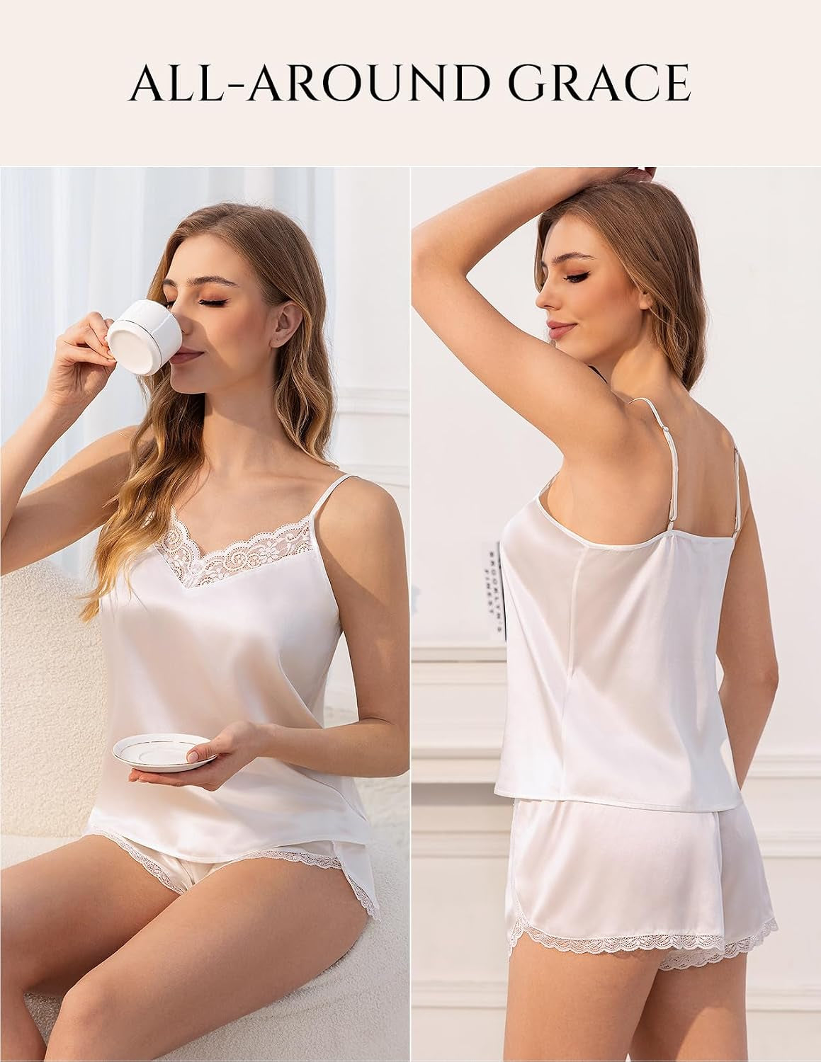 100% Mulberry Silk Pajama Set for Women 2 Piece Lace Cami Pj Shorts Set Lingerie Sleepwear