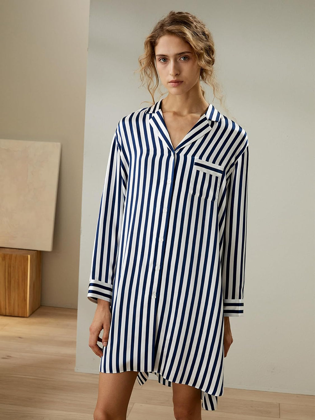 Silk Nightshirt for Women 3/4 Sleeve Shawl Silk Pinstripes Sleepshirt Button-Up Side Pocket Sleepwear