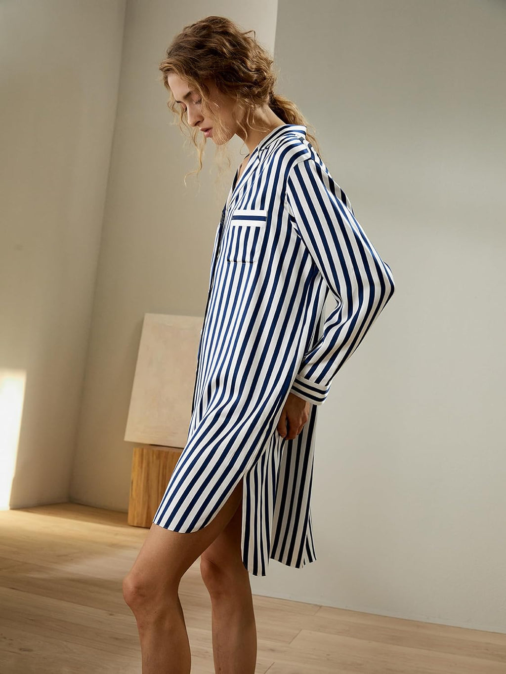 Silk Nightshirt for Women 3/4 Sleeve Shawl Silk Pinstripes Sleepshirt Button-Up Side Pocket Sleepwear