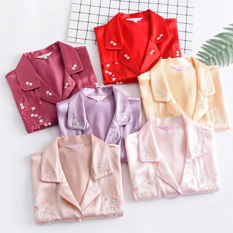 100% Pure Silk Women'S Embroidery Pajama Set Sleepwear Nightgown M L XL YM006
