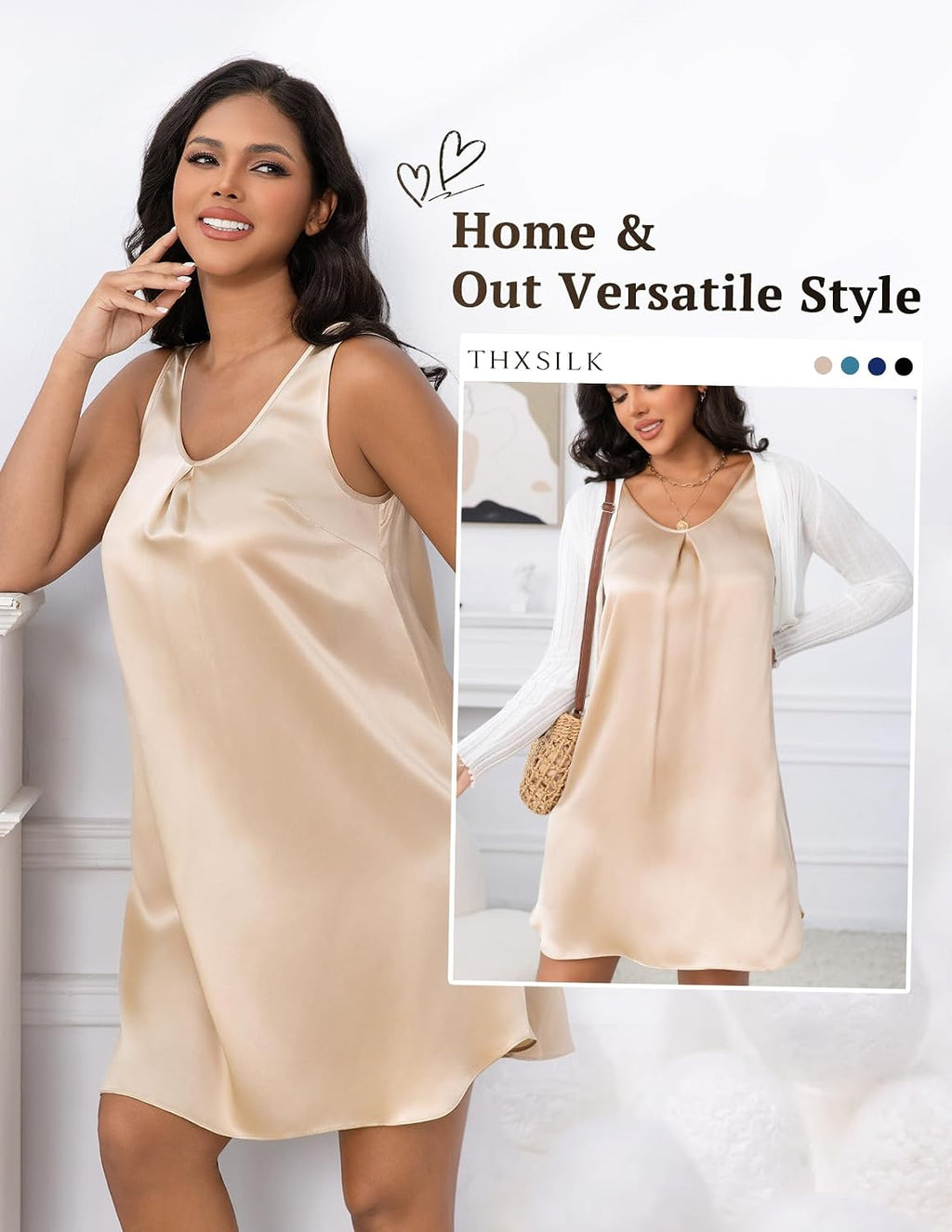 100% 22 Momme Mulberry Silk Women'S Sleeveless V Neck Nightgown Soft Comfy Sleepwear