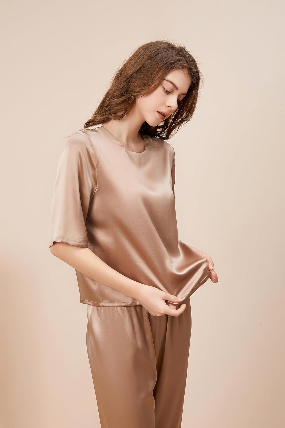 6A Pure Mulberry Silk Pajamas for Women 2 Piece Short Sleeve PJS round Neck Silk Sleepwear