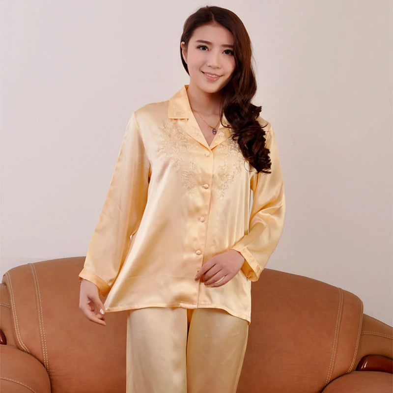 100% Pure Silk Women'S Embroidery Pajama Set Sleepwear Nightgown M L XL YM006