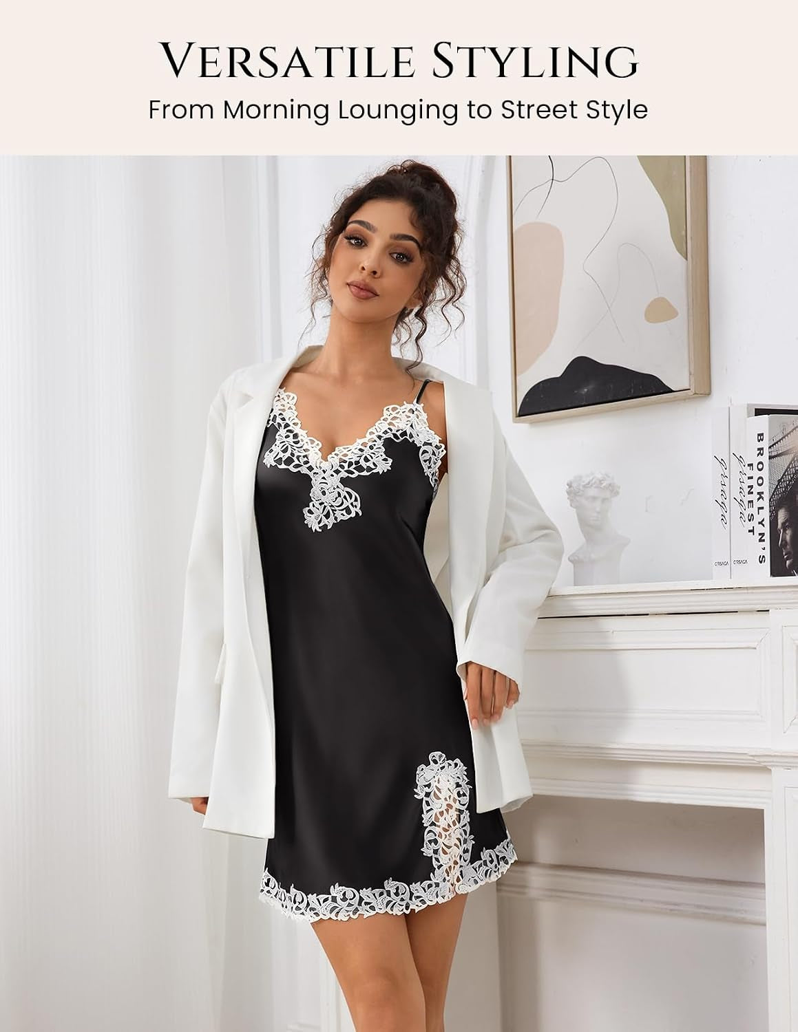 Women'S Sexy Silk Nightgown, 19 Momme Mulberry Silk Sleepwear V-Neck Lace Spaghetti Strap Chemise Short Dress