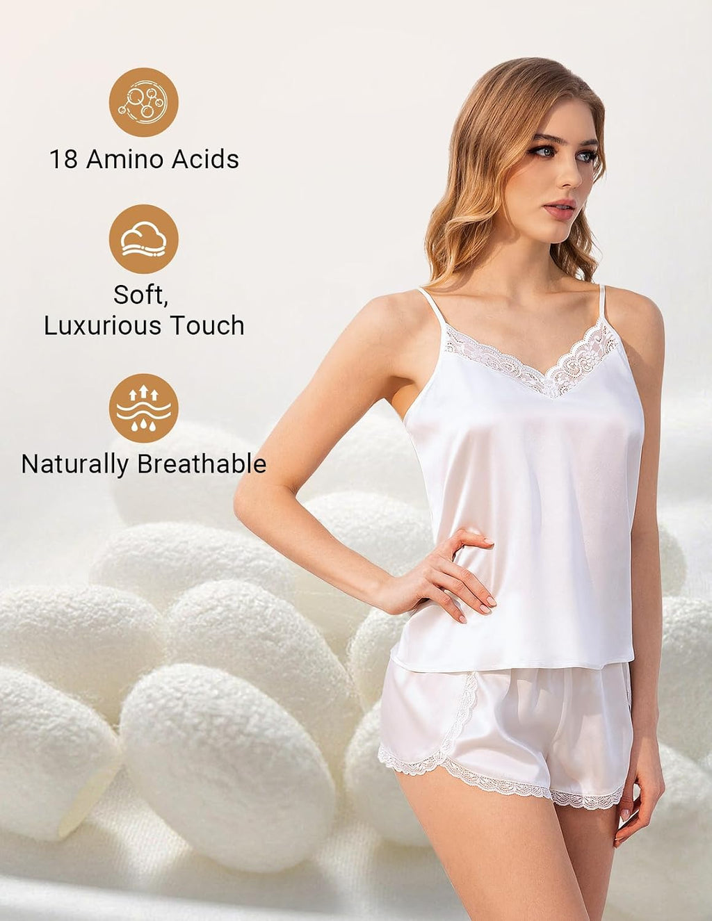 100% Mulberry Silk Pajama Set for Women 2 Piece Lace Cami Pj Shorts Set Lingerie Sleepwear