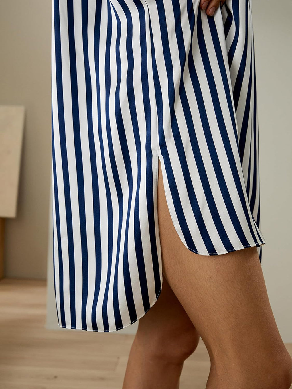 Silk Nightshirt for Women 3/4 Sleeve Shawl Silk Pinstripes Sleepshirt Button-Up Side Pocket Sleepwear
