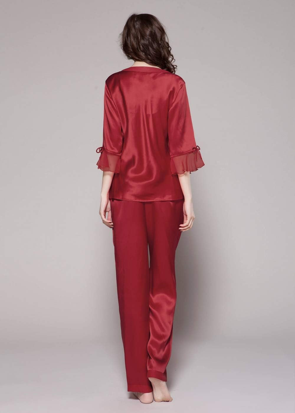 Women'S 100% Silk Pajamas Set V Neck 3/4 Long Sleeve Mulberry Silk Sleepwear
