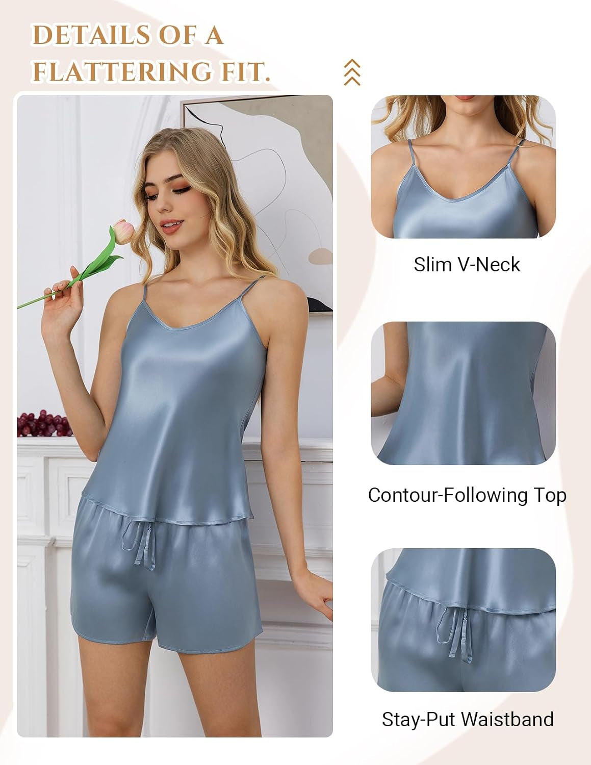 Mulberry Silk Women'S Pajamas Set, V Neckline Pj Set Ladies Pajamas Sets Loungewear Set, Two-Piece Cami Shorts