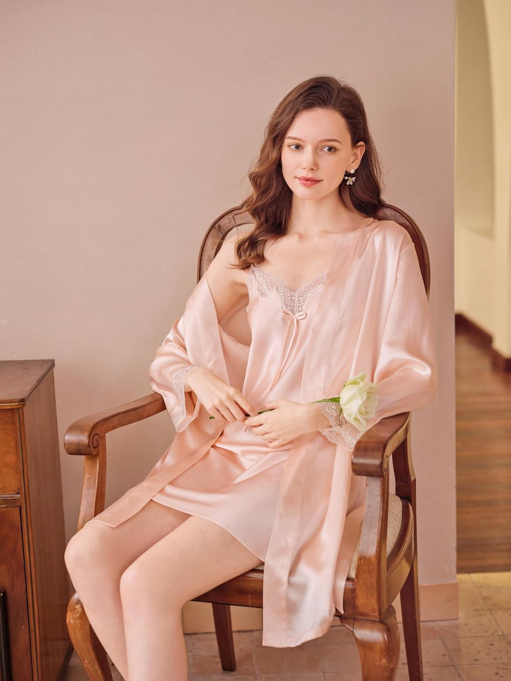Silk Lace Pajama Set Pale Pink, Silk Slip Chemise Nightgown with Robe, V Neck Lace Sleeve Joint Vanilla Ice Color